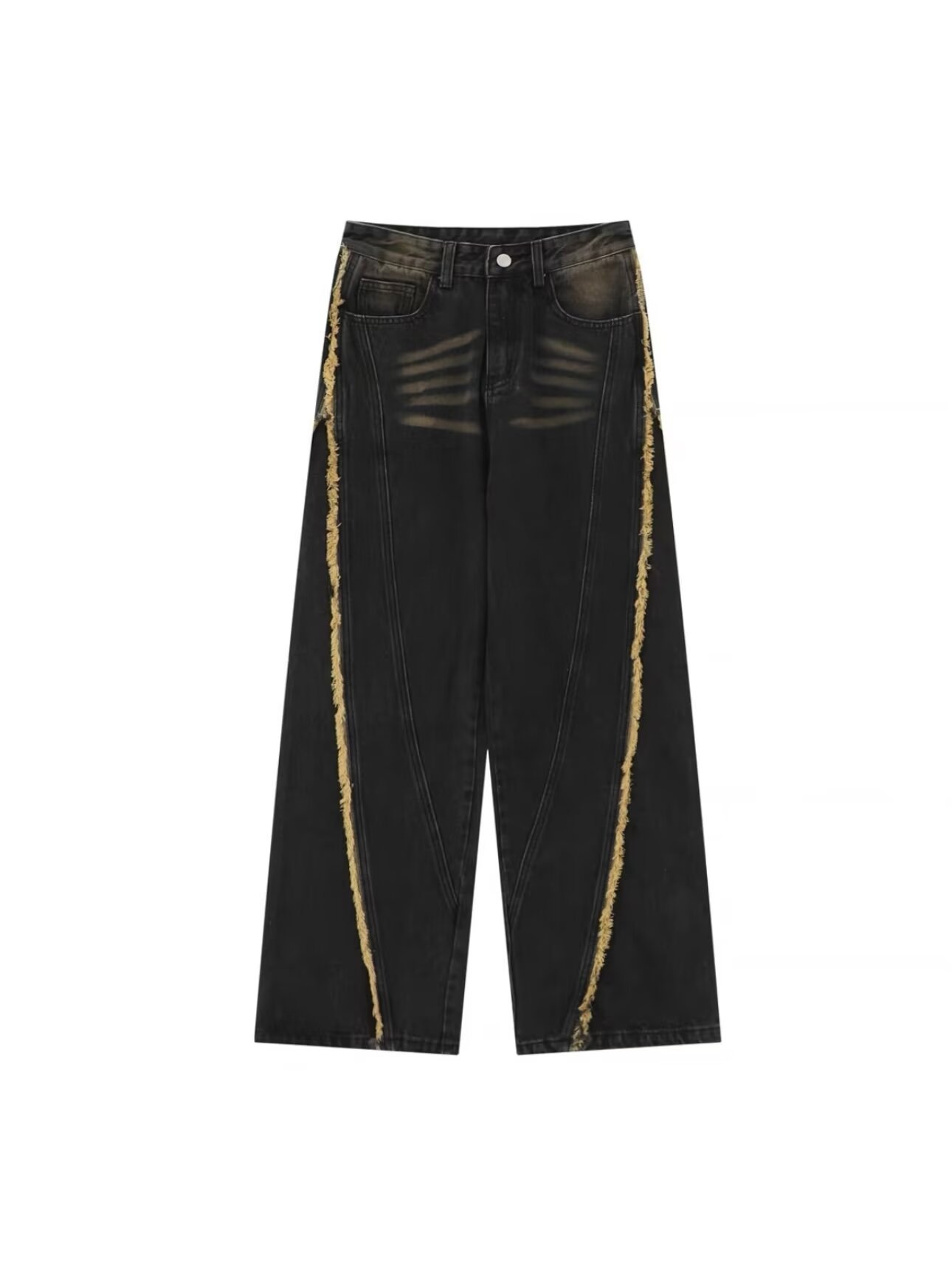 Men's Distressed Straight-Leg Jeans Vintage Washed High Street Denim Pants Raw Hem Slight Flare_mkmklike.com