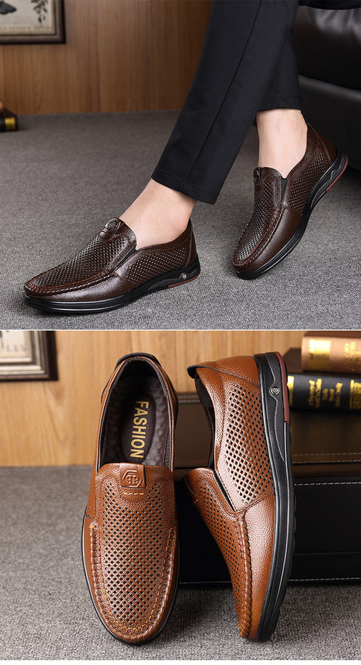 Giày lười nam da bò thoáng khí đục lỗ mũi nhọn đế mềm chống trượt gót 1–3 cm — Màu nâu, Màu đen chi tiết 4