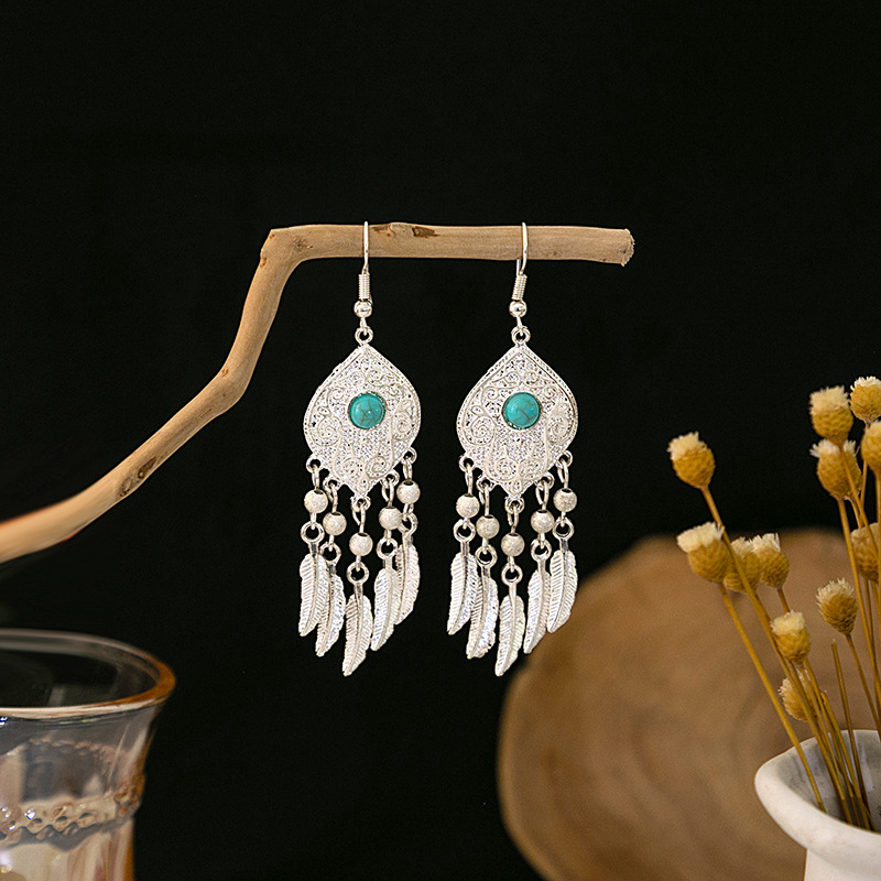 1 Pair Casual Retro Geometric Beaded Alloy Turquoise Drop Earrings display picture 23