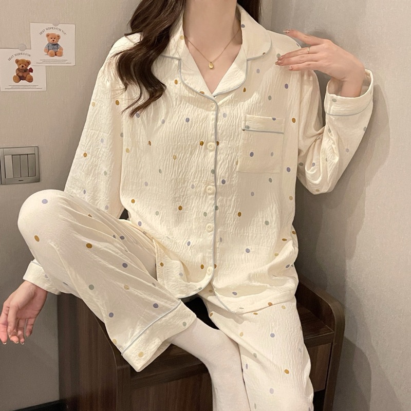 带胸垫棉质长袖花边开衫睡衣女春秋季新款简约休闲家居服两件套装|undefined