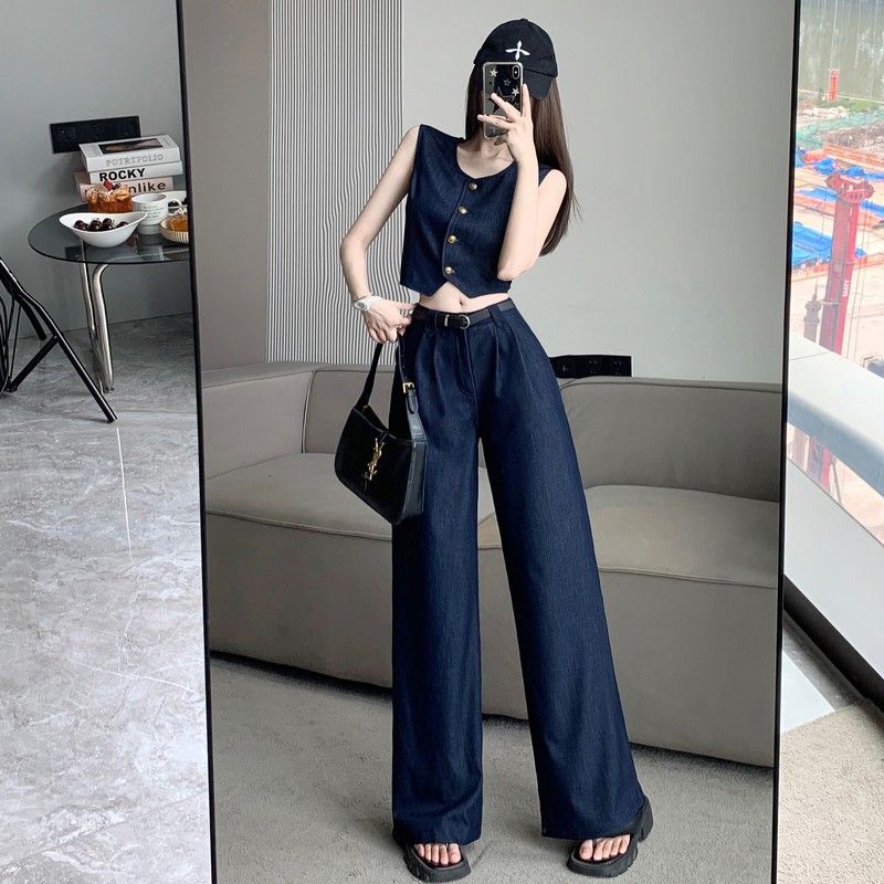 日韩时尚洋气牛仔套装 跨境女装新款时尚马甲+高腰阔腿裤两件套潮