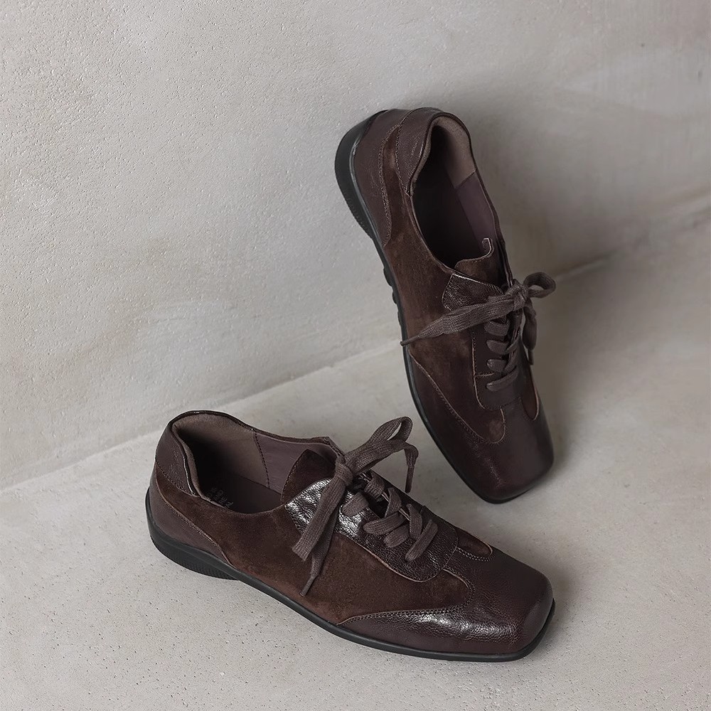 [Ready Stock] Women's Flats 2025 New Square Toe Old Retro German Training Shoes Heightening Thick Sole Sports Style Forrest Gump Shoes