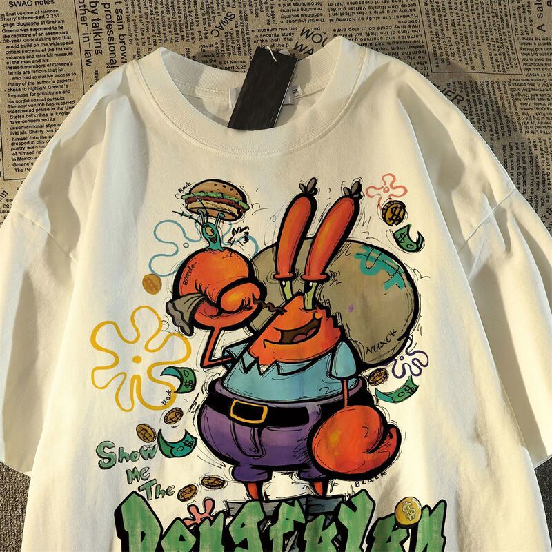 Pure Cotton Japanese-Style Cartoon Fun Crab Boss Print Couple Short-Sleeve T-Shirt Men's Summer Couple Lazy Style Bf Top 12