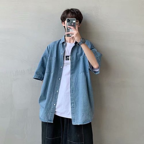 Men's Jeans Shirt, Korean Style, Fashion Summer Short Sleeve Jacket, Half Sleeve, Hong Kong Style, Bad Boy Chic, Workwear Compatible, Five-Finger Sleeve