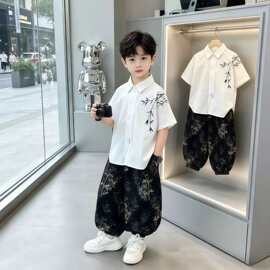 汉服套装男童夏季短袖衬衫唐装中国风六一儿童演出服中式帅气童装