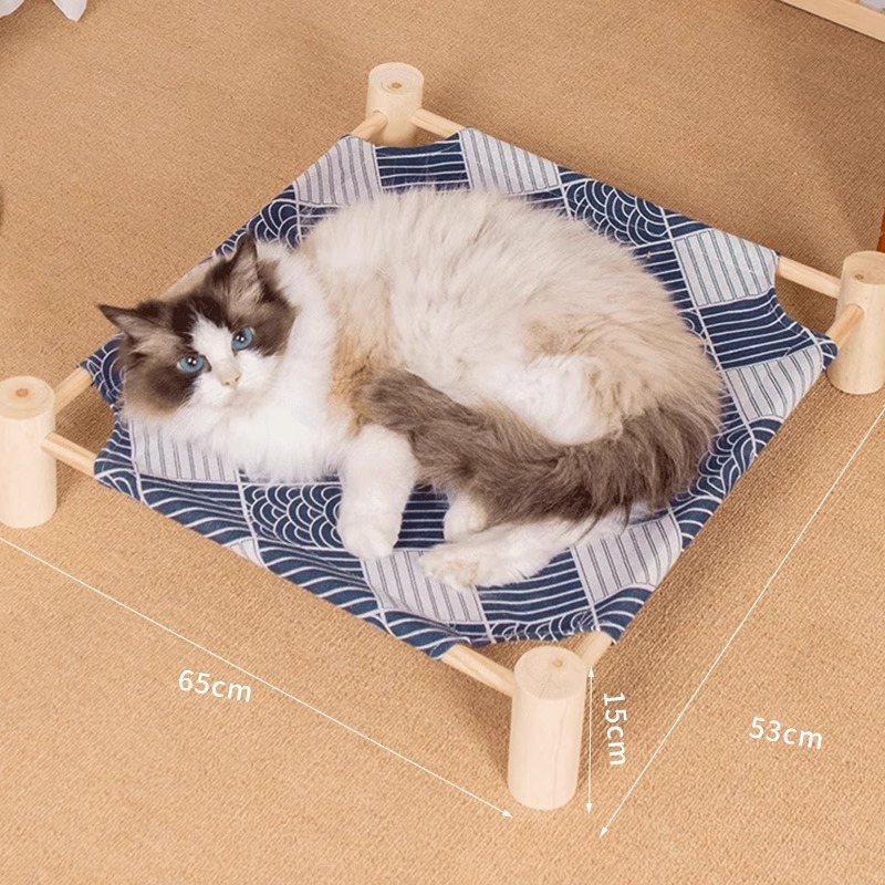Cama para gatos Cuatro estaciones, desmontable y lavable, nido para gatos, cama de verano suspendida de lino fresco y transpirable, cama de marcha para perros, cómoda de madera