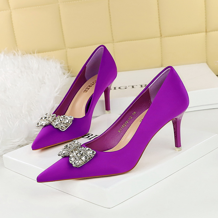 18249-AK51 European And American Fashion Pointed-toe High-heeled For Women With Rhinestone Bow, Shallow Mid-heel Single_vogvips.com
