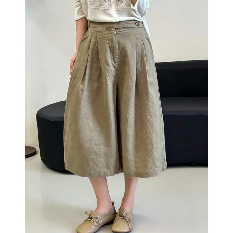 2026 Summer Women's High-Waisted Loose Solid Color Linen Straight-Leg Pants, Cropped Wide-Leg Pants, Single-Button Casual Pants