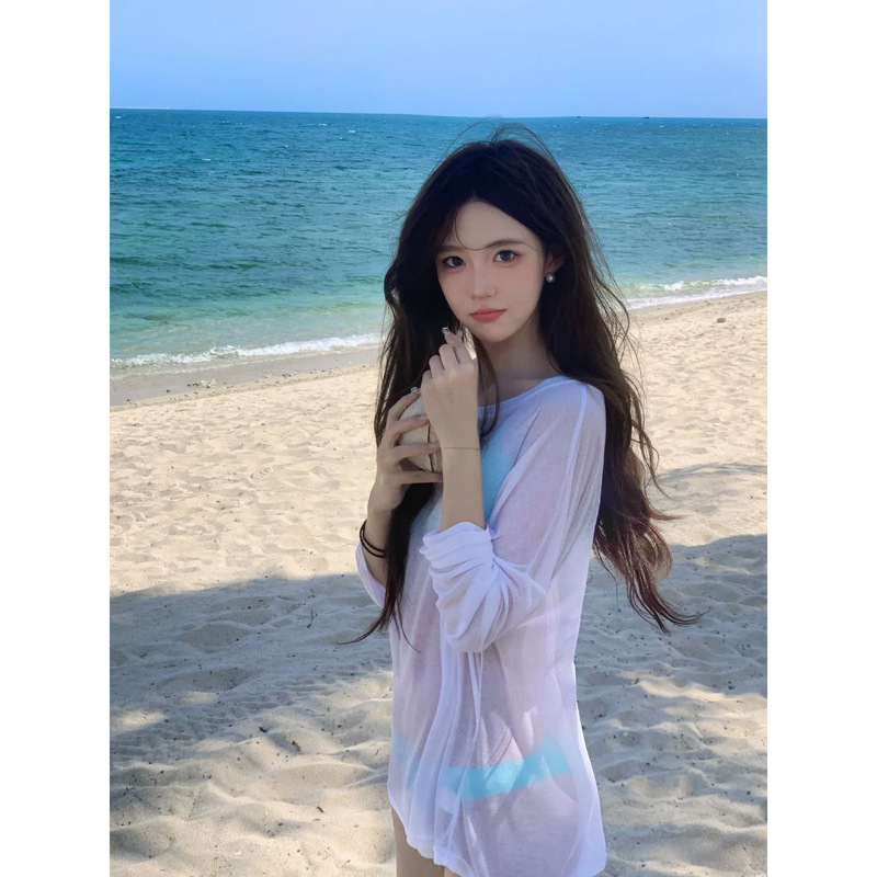 白色薄款冰丝套头罩衫女2025秋冬新款海边度假小心机微透长袖T恤|undefined