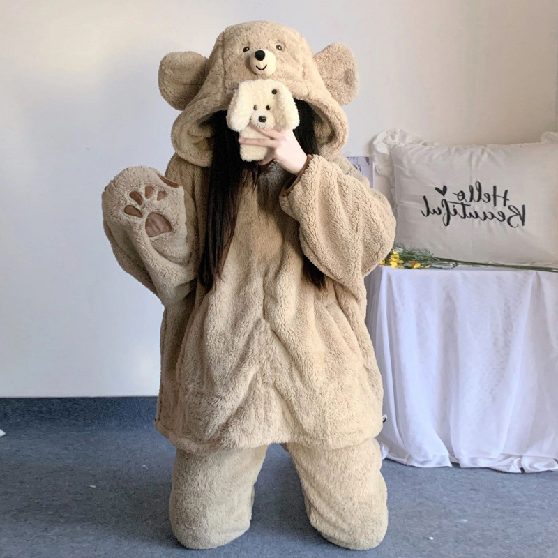 귀여운 테디 베어 산호 양털 잠옷 여성 가을 겨울 인터넷 인기있는 후드 플란넬 기모 두꺼운 겨울 홈 옷