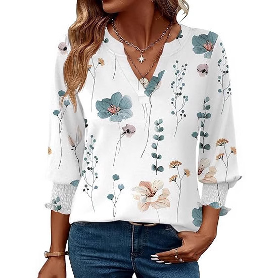 European And American Cross-border Women's 2026 Fashion Top, Three-quarter Sleeve Floral Print Casual Shirt, Summer_ecoleips.com