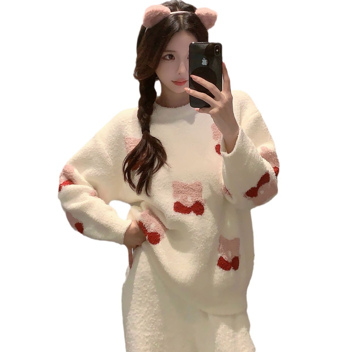 하프 벨벳 파자마 여성의 겨울 두꺼운 기모 따뜻한 연인 프리미엄 홈 옷 세트 크루 넥 가리 스타일 잠옷