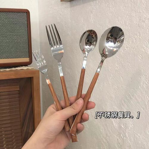 Ins imitation wood grain slender handle knife, fork and spoon Western breakfast dessert spoon Korean style restaurant stainless steel fruit fork