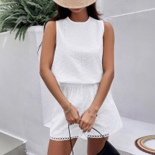 欧美跨境外贸2026纯色露背白色烧花刺绣背心短裤女夏套装两件套