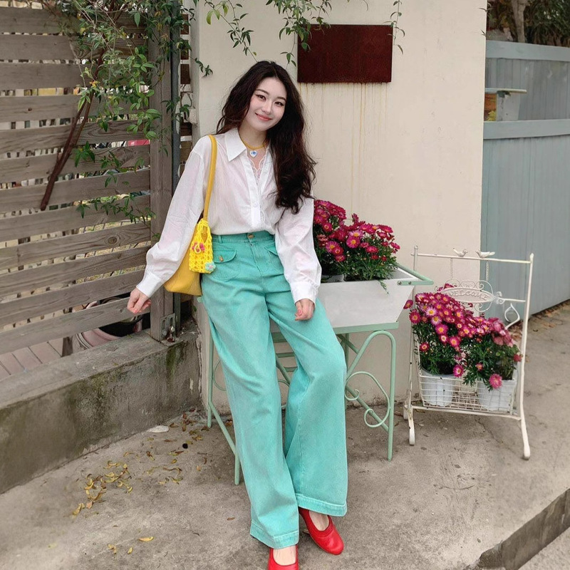 Mint Green Casual Pants for Women 2026 Spring and Summer Korean Style Outfit with Elegant and Simple Lace Splicing White Shirt Set