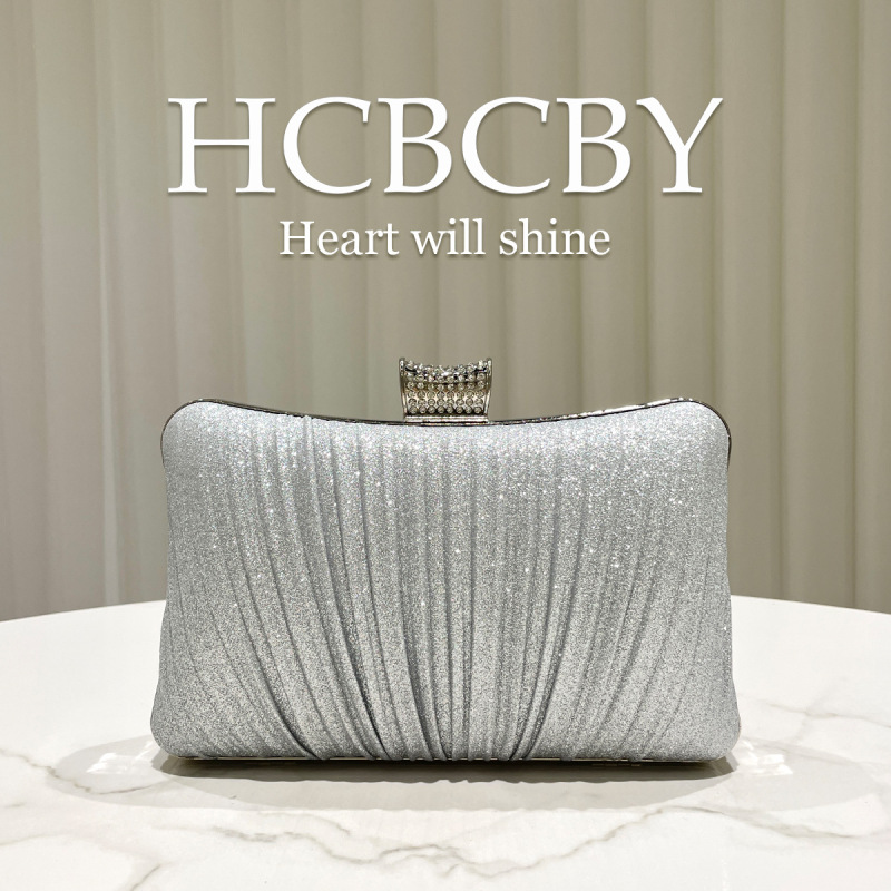 Silver Simple Shimmering Pleated Clutch Bag Women's Fashionable Elegant Box-Shaped Evening Party Bag