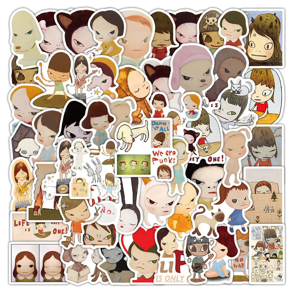 54张跨境卡通插画大头娃娃贴纸手绘小孩装饰手机滑板防水贴画批发