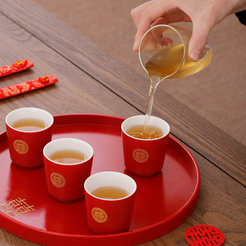 Teacup Set Ceramic Wedding Supplies Change Mouth Teacup Wedding Double Happiness Cup Marriage Chinese Red Double Happiness Teacup