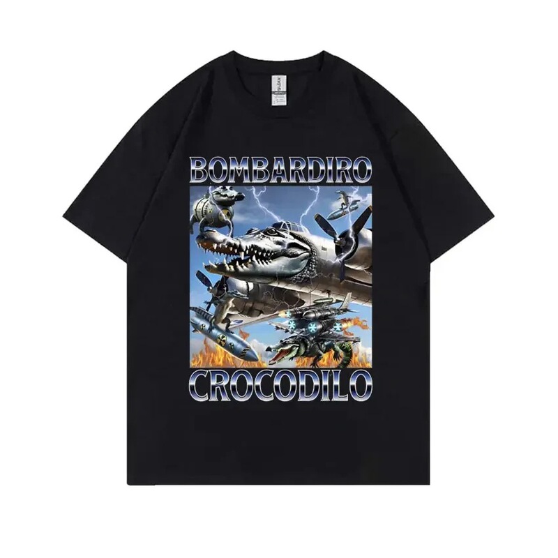 Pure Cotton Short-Sleeved T-Shirt for Men with Interesting Memes Italy Brainrot Bombardero Crocodile Crocodile Airplane Bombing