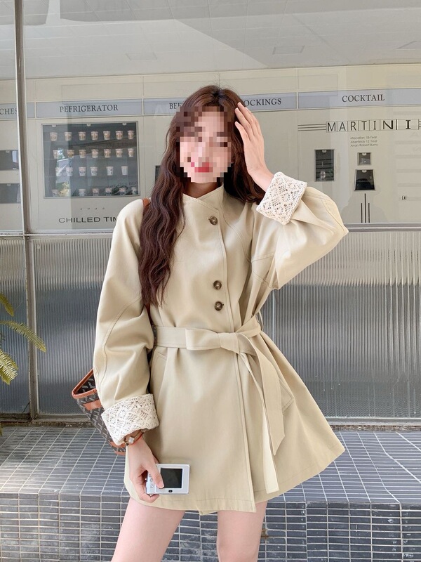 Khaki Korean Style Stand-Up Collar Windbreaker for Women in Autumn, New Style, Super Nice, Small Waist Slimming Coat