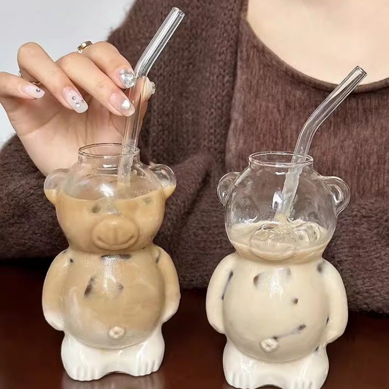 ins style bear creative shape high-looking milk tea cup personalized latte coffee Juice Cup heat-resistant glass water Cup