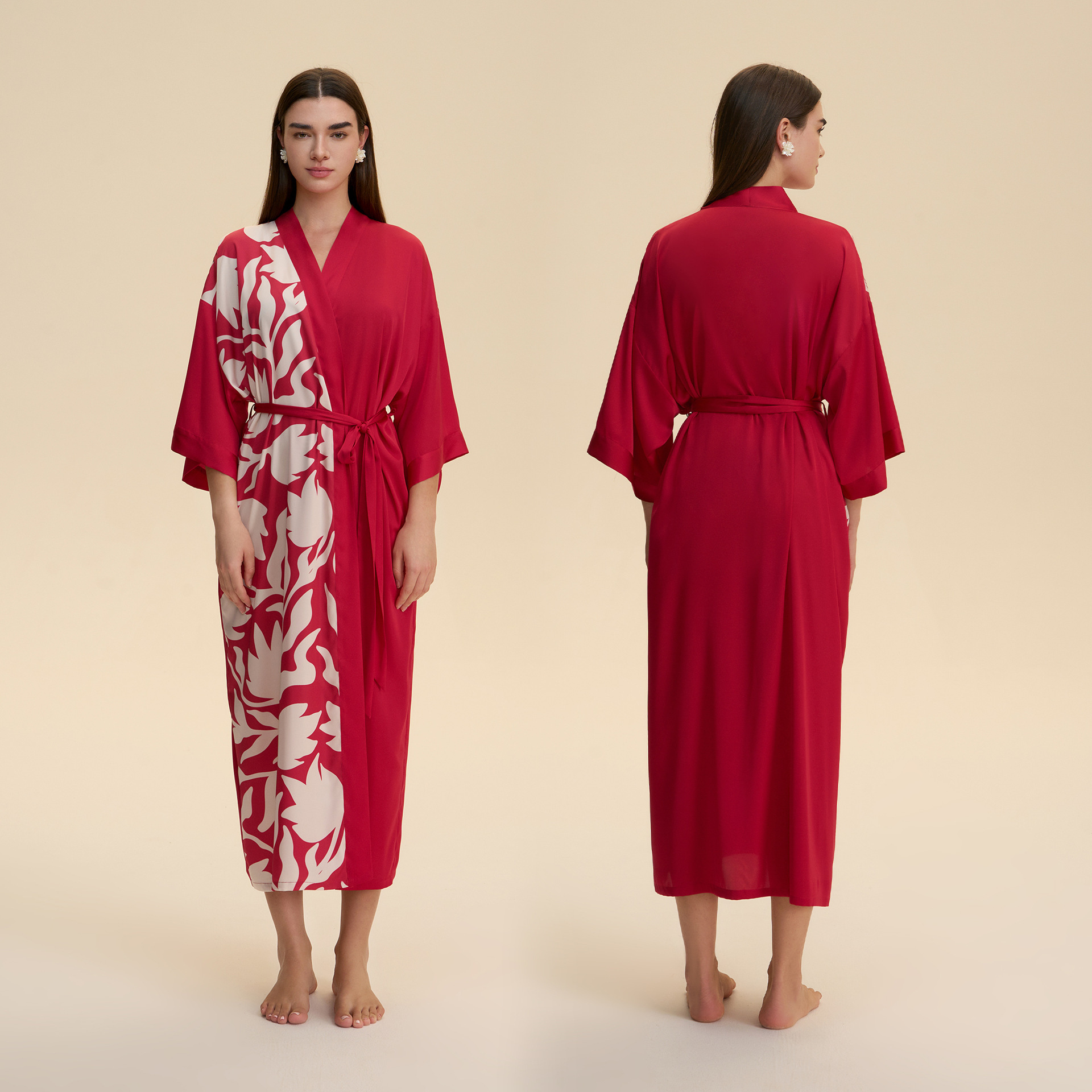 Nuevo pijama de tamaño grande transfronterizo mujer satén suave chiffon kimono cuello bata larga ropa de casa WP3975
