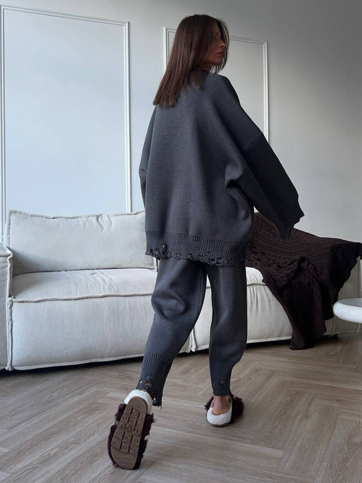 Bộ áo len nữ cổ tròn tay dài phối quần bó — Màu cà phê, hồng, màu xám đậm, trắng chi tiết 69