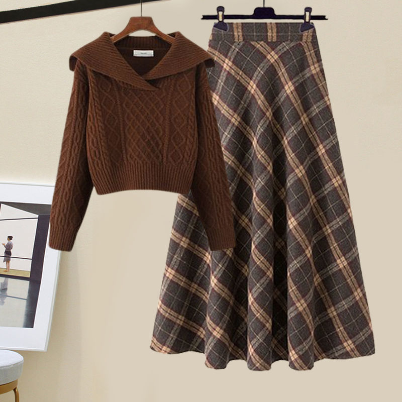 겨울 젠틀웨어 여성용 2024 새로운 한국식 옷깃 니트 스웨터 높은 허리 격자 무늬 스커트 투피스 세트