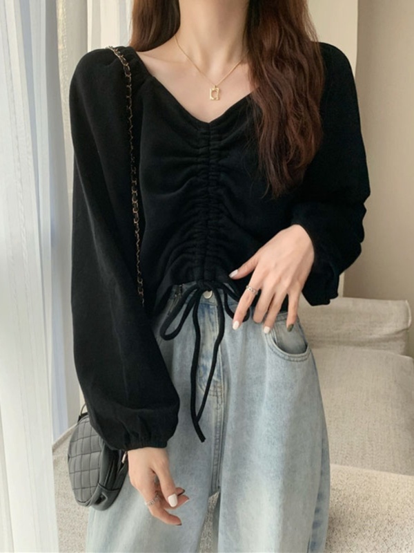 大码胖妹妹甜辣风抽绳v领长袖t恤女春秋季小众设计感体恤短款上衣|undefined