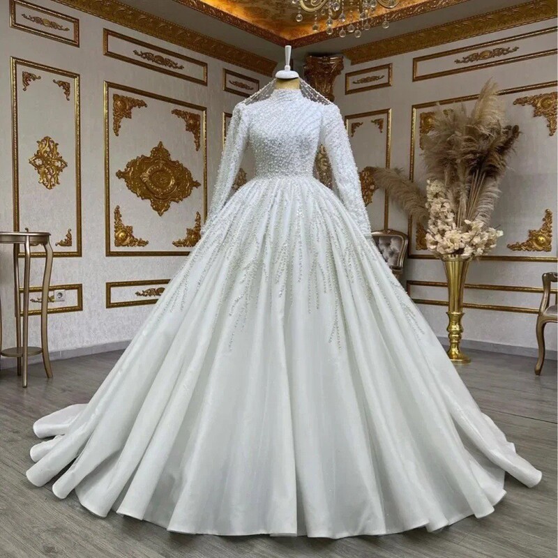 Cross-Border Long-Sleeved Heavy Beaded Bridal Gown, Luxurious European and American Style, Trailing Wedding Dress, Puffy Skirt, High-Neck Satin