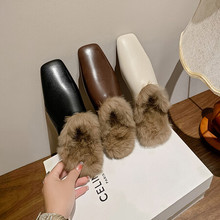 冬季保暖兔毛毛拖鞋女简约牛皮方头中跟百搭粗跟穆勒棉拖外穿时尚
