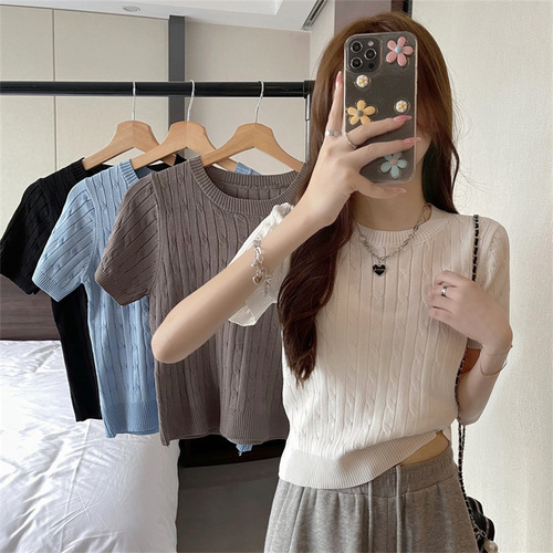 Retro round neck short sleeve t-shirt sweater women's thin 2024 summer design slim short student top
