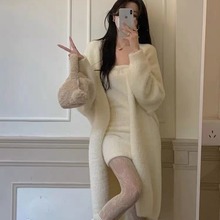 2023秋冬慵懒宽松过膝中长款加厚纯欲仿水貂绒针织毛衣开衫外套女