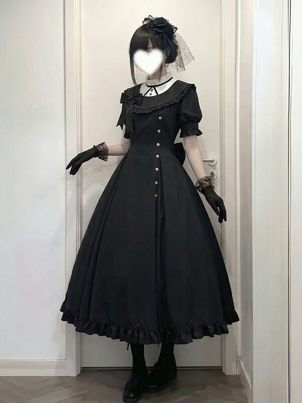 Japanese-Style Light Lolita Daily Lace Dress, Classic Lolita Long Dress, Black Waist-Cinching Elegant Dress, Short-Sleeve Flared Skirt