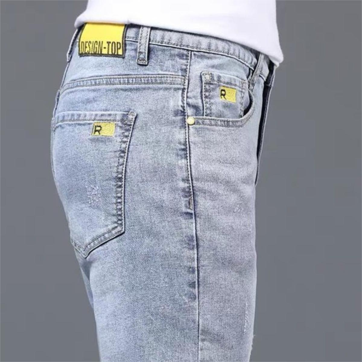 Jeans homme slim fit petits pieds 2024 printemps et automne style fin tendance polyvalent élastique lavé décontracté jambe droite longue_voghion.com