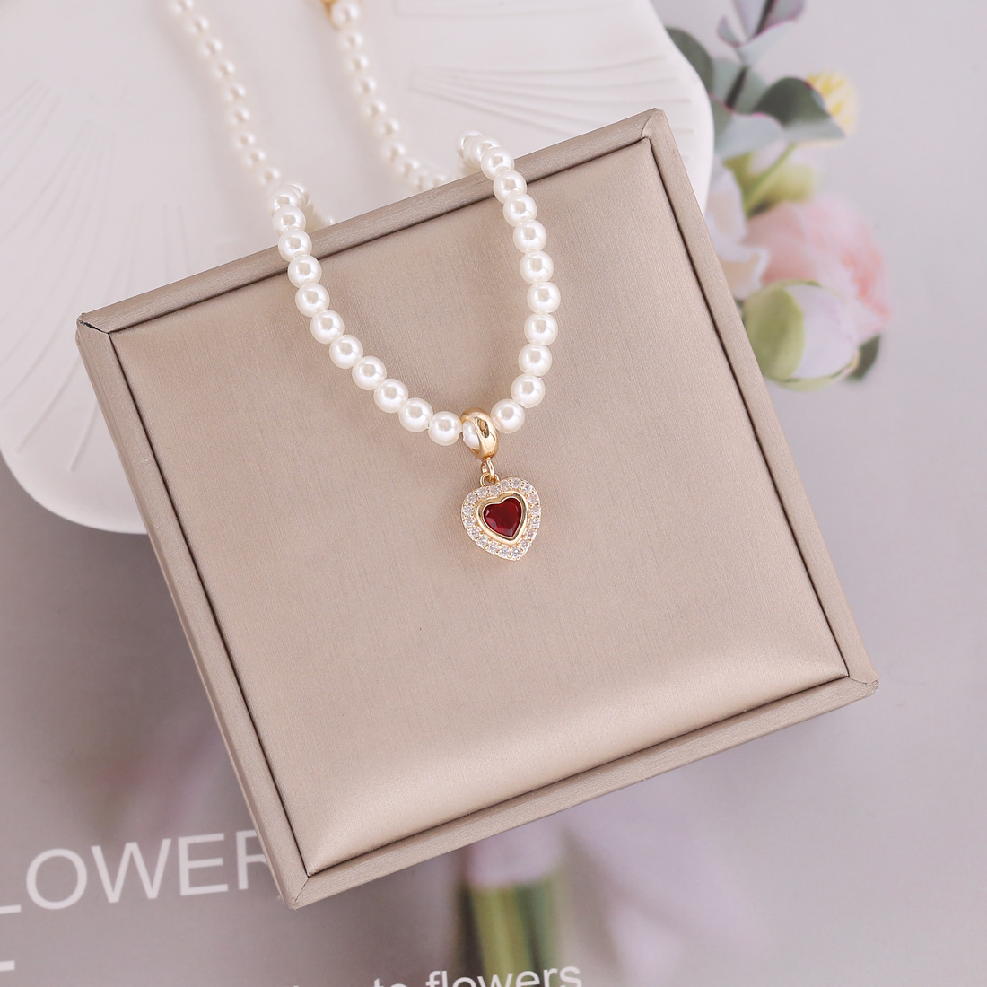 European and American pearl necklace fashion full zircon heart pendant temperament clavicle chain