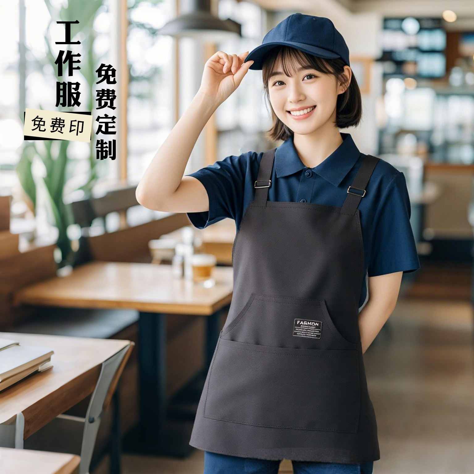 简约帆布家用厨房围裙防污耐磨餐饮专用围腰印字透气工作服男女款