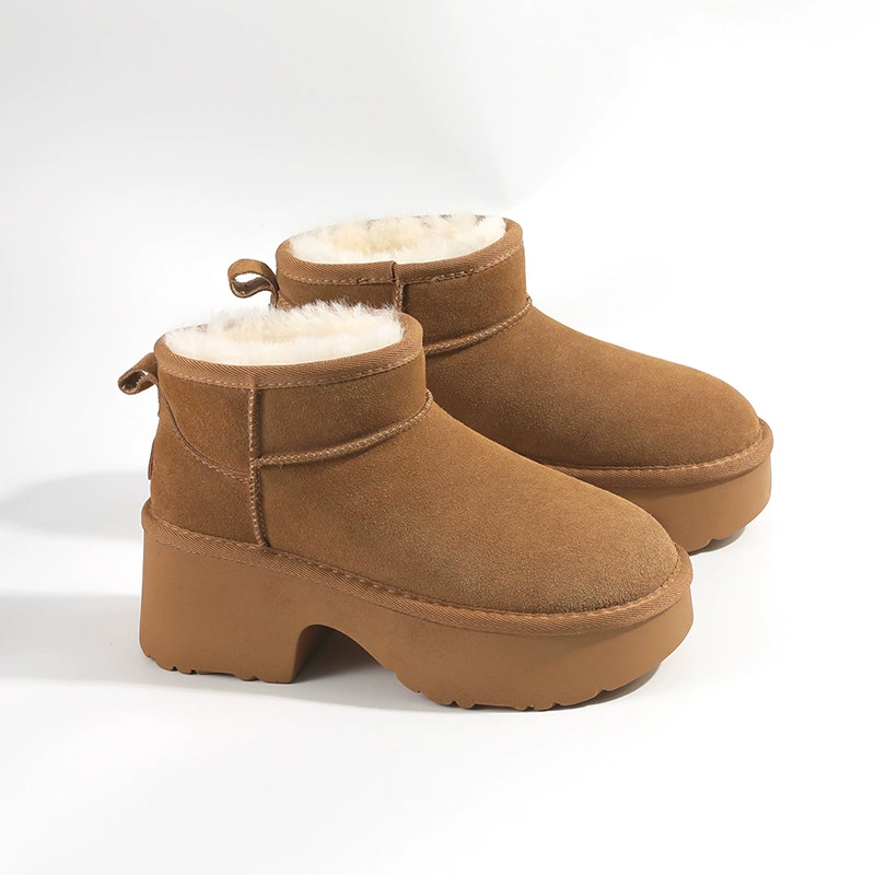 Новые женские зимние короткие сапоги 2025 года на высоком каблуке-танкетке, утепленные, из натуральной кожи, женские зимние сапоги на хлопковой подкладке 5972