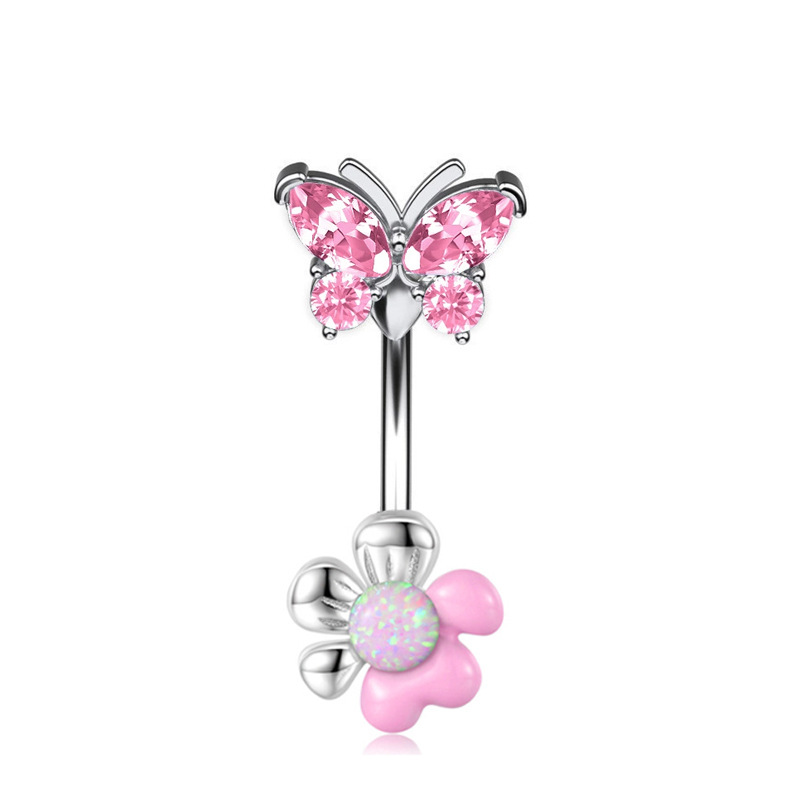 Piercing de nombril en acier inoxydable papillon et zircon rose_voghion.com