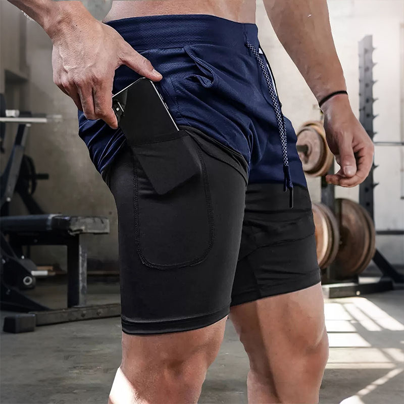 Direct Supply Cross-Border Double-Layer Quick-Dry Sports Pants for Men, Summer Fitness, Sports, Casual, Basketball, Breathable Running Shorts