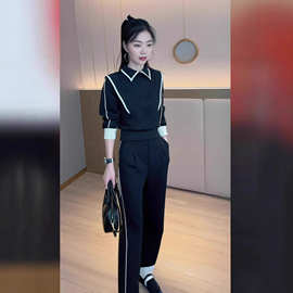 法式气质休闲时尚套装女2026年时尚减龄收腰显瘦上衣阔腿裤两件套