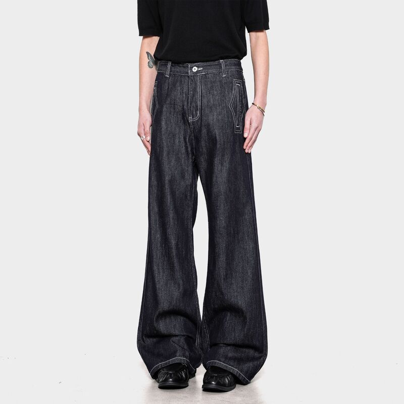 American-Style Washed Whiskered Lightning-Patterned Flared Jeans for Men, Straight-Leg 646 Version Cleanfit Pants