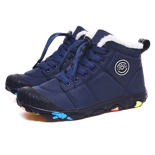 Winter children's waterproof cotton shoes outdoor high-top snow boots with thermal lining, anti-slip camo sole, warm insulation.