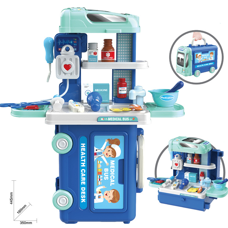 Simulación de niños transfronterizos 3-en-1 autobús cocina vajilla herramientas de maquillaje juego de juego casa maleta doctor juguete