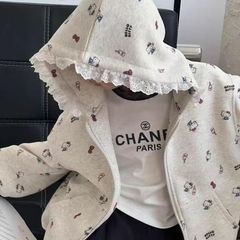 女童花边卫衣外套中大童春秋新款卡通小猫蕾丝连帽卫衣开衫上衣潮