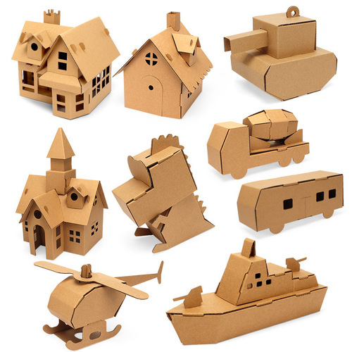 Children make handmade toys DIY folding carton puzzle pieces cardboard dinosaur house watercolor painting model