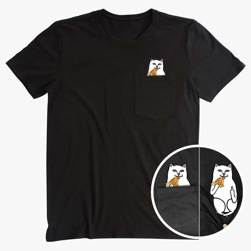 Short-Sleeved Flap Pocket Pants Printed Cotton T-Shirts for Men and Women, Branding Cat Series, Middle Finger Fun Crew Neck Shirts, Casual and Versatile