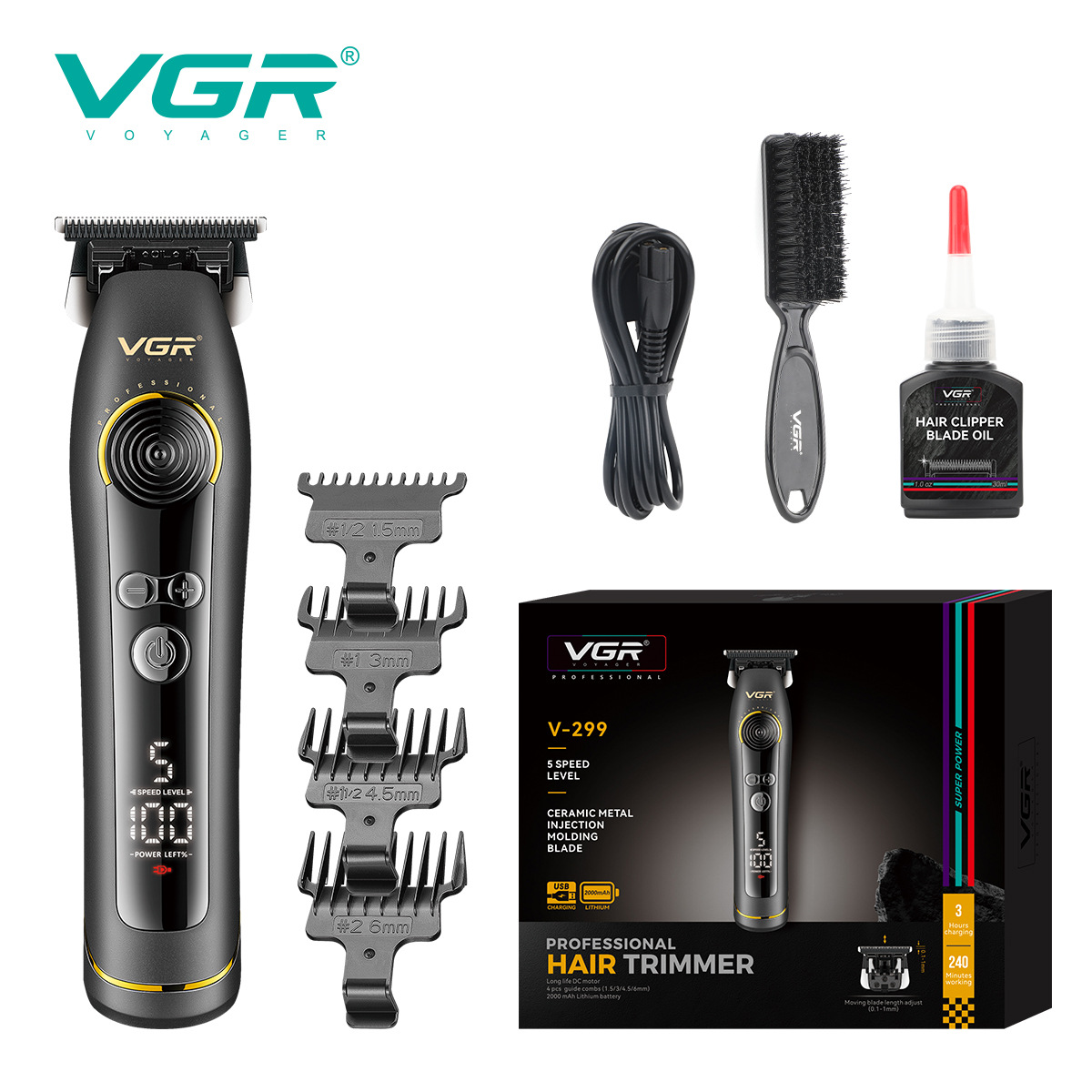 VGR299 Electric Hair Clipper Professional High Speed 9000RPM 5 Speed Acceleration Digital Display Engraving Function 5.5W_voghion.com