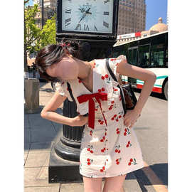 酒渍樱桃韩系甜美少女连衣裙甜辣小个子高腰气质显瘦飞飞袖短裙子