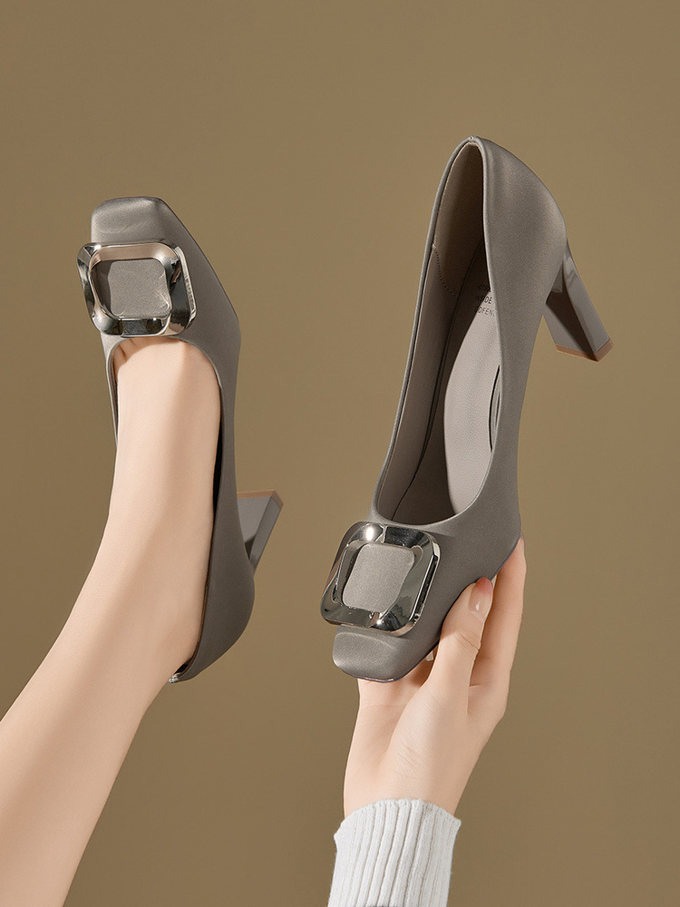 In-stock, Available Dropshipping~ Gray High-heeled For Women, Elegant And Comfortable, Square-toed Leather With Chunky_vogvips.com